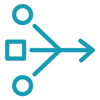 A blue icon shows a square and two circles connected by lines merging into a single arrow pointing right, symbolizing integration or convergence—ideal for representing marina management software solutions.