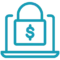 Blue outline icon of a laptop with a padlock displaying a dollar sign on the screen, symbolizing financial security and online payment protection for boat slip management software.