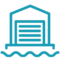 Blue outline icon of a building with a garage door, elevated above wavy lines representing water or flooding—ideal for illustrating features of marina management software.
