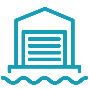Blue outline icon of a building with a garage door, elevated above wavy lines representing water or flooding—ideal for illustrating features of marina management software.