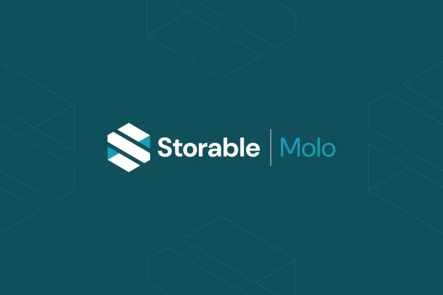 Storable and Molo logos appear side by side on a teal background with subtle geometric patterns, highlighting their partnership in marina management software.