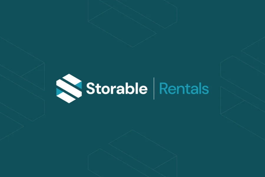 Storable Rentals logo with geometric icon on a teal background, featuring "Storable Rentals" in white and teal text—ideal for businesses seeking marina management software solutions.