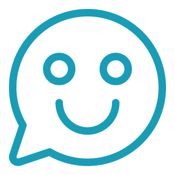 A blue outline of a smiling face inside a speech bubble on a black background.