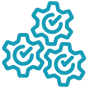 Three blue outlined gears, each containing a check mark inside, are arranged together on a black background—perfect for illustrating seamless marina website design solutions.