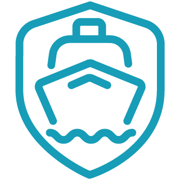 Blue outline icon of a ship inside a shield, with two wave lines at the bottom, suggesting maritime safety or protection.
