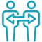 Two stick figure icons face each other with a double-headed arrow between them, indicating interaction or exchange.
