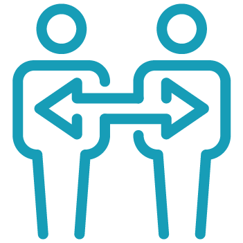 Two stick figure icons face each other with a double-headed arrow between them, indicating interaction or exchange.