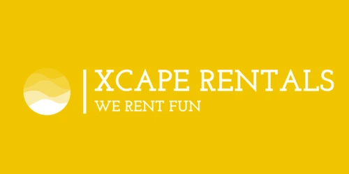 Logo for Xcape Rentals featuring a white circular icon with abstract waves and the text "Xcape Rentals We Rent Fun" on a yellow background, ideal for a business using boat rental management software.