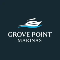 Logo for Grove Point Marinas featuring a white yacht silhouette over blue waves on a dark background, with the business name in white, uppercase lettering below—ideal for brands offering marina management software.