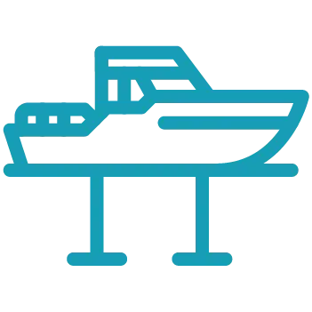 A simple blue outline icon of a boat on a stand, viewed from the side, ideal for illustrating marina management software.